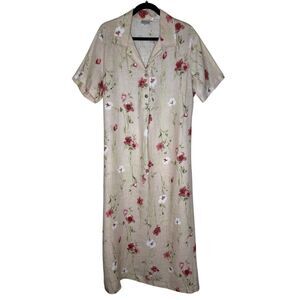 Vintage Match Shirt Dress Soft Peach Floral Linen Midi Size 14 Cottagecore/Retro